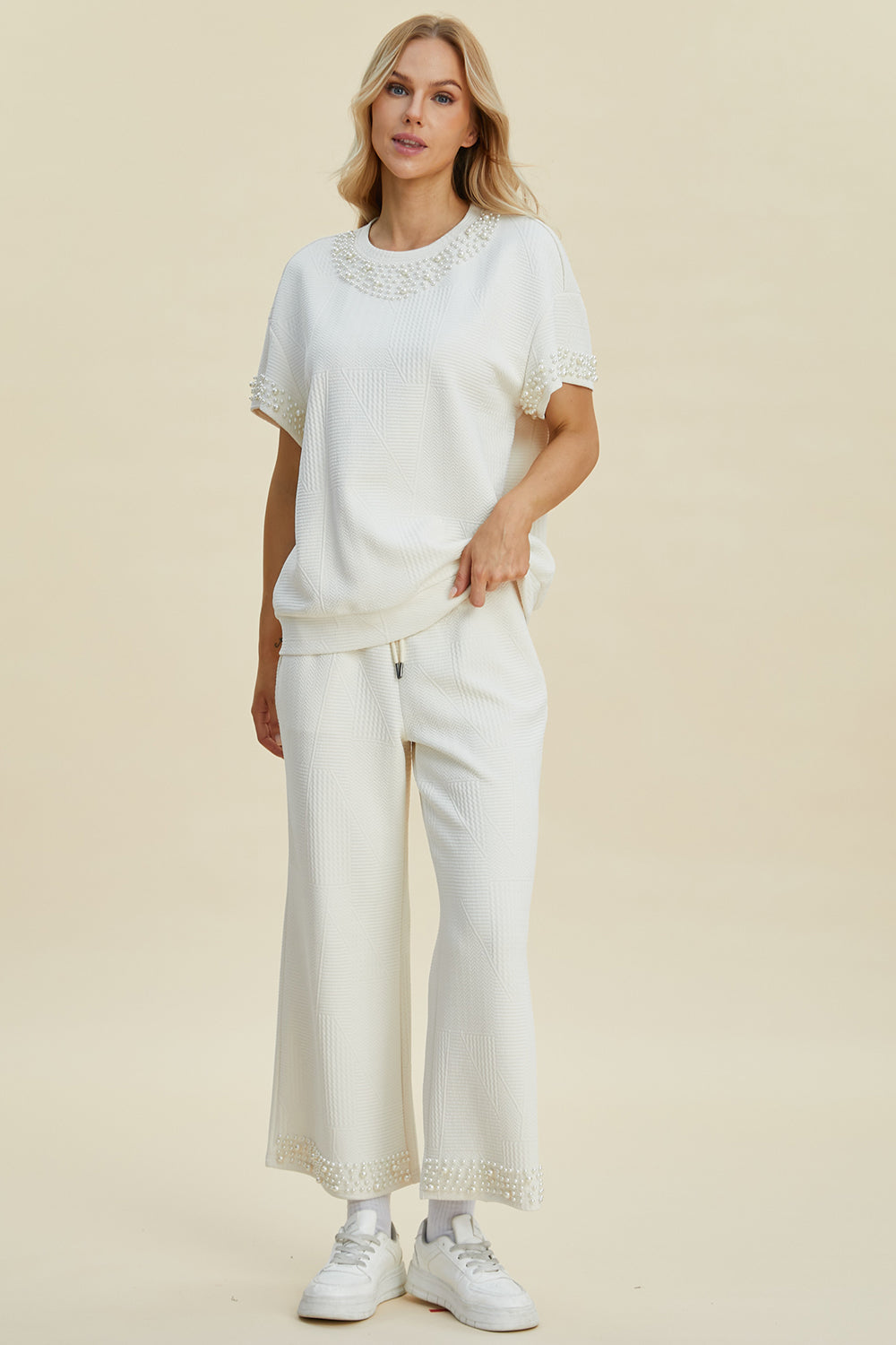 Pearl Detail Round Neck Top and Pants Set - 3 Colors