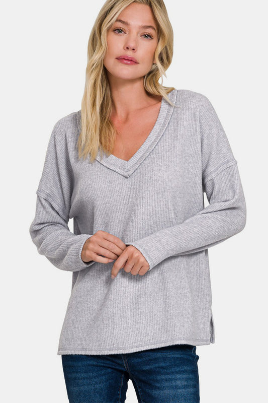 Ribbed V-Neck Drop Shoulder Top - Gray