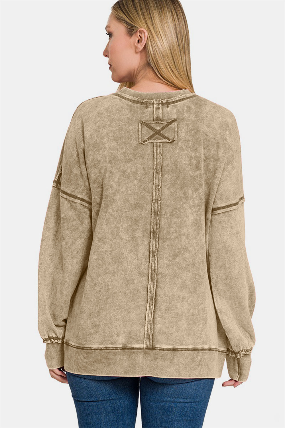 Exposed Seam Round Neck Dropped Shoulder Sweatshirt - Mocha