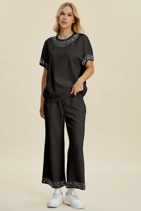 Pearl Detail Round Neck Top and Pants Set - 3 Colors