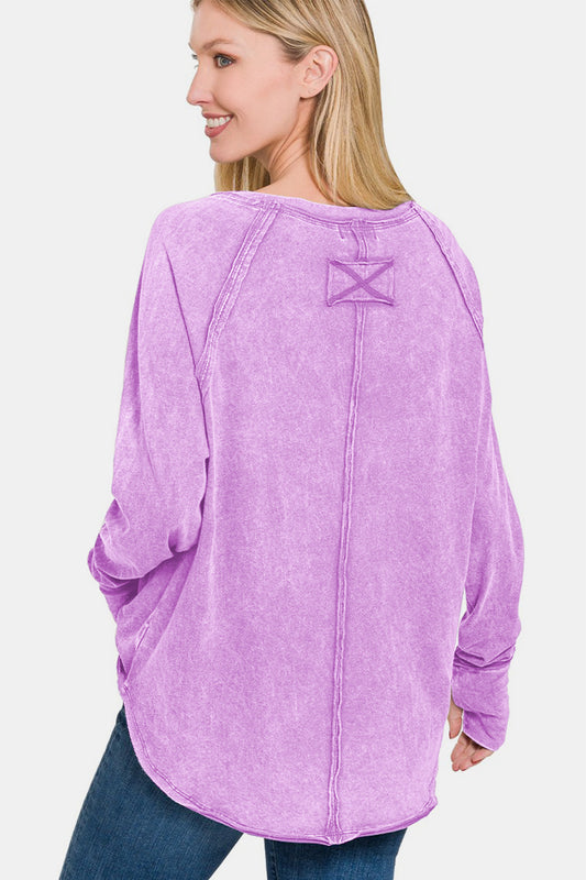 Round Neck Thumbhole Long Sleeve T-Shirt - Lavender