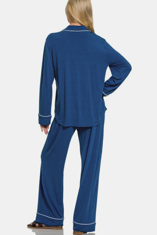 Button Down Long Sleeve Top and Pants Lounge Set - Blue