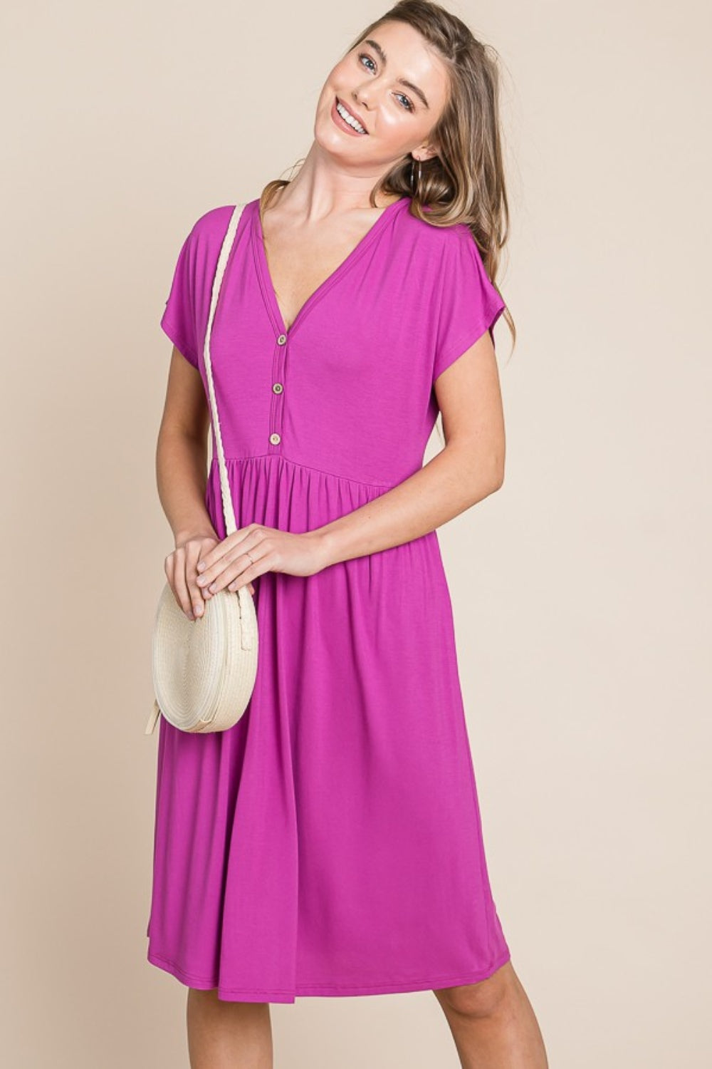 V-Neck Short Sleeve Button Detail Dress - Magenta