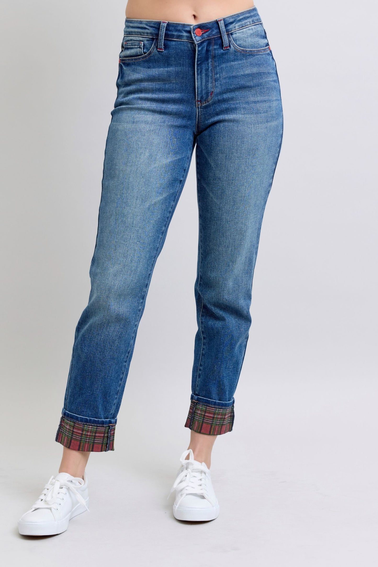 Judy Blue Mid Rise Plaid Print Cuff Straight Leg Jeans