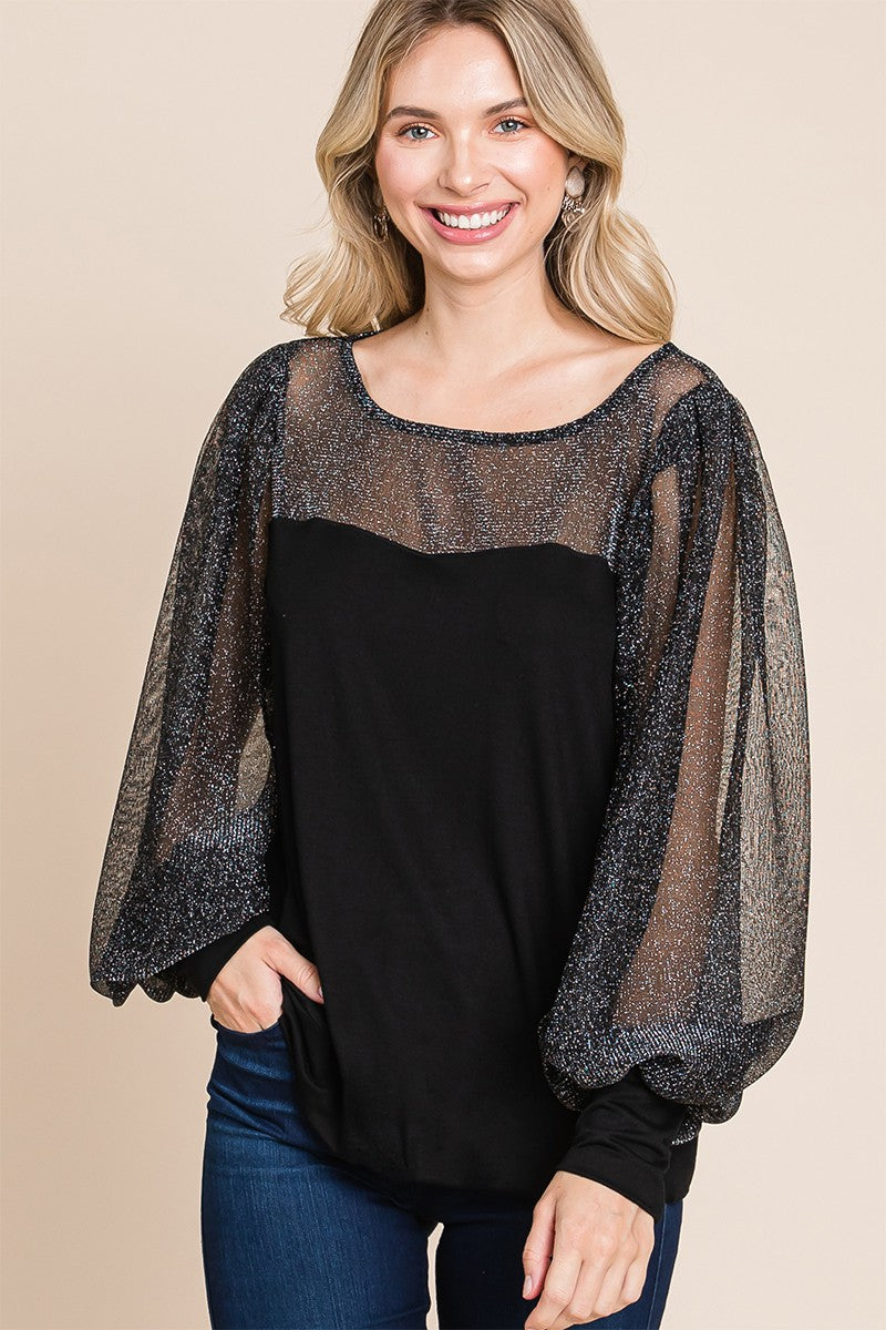 Metallic Mesh Lantern Sleeve Blouse