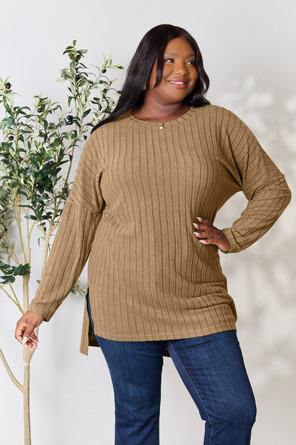 Ribbed Round Neck Long Sleeve Slit Top - 5 Colors