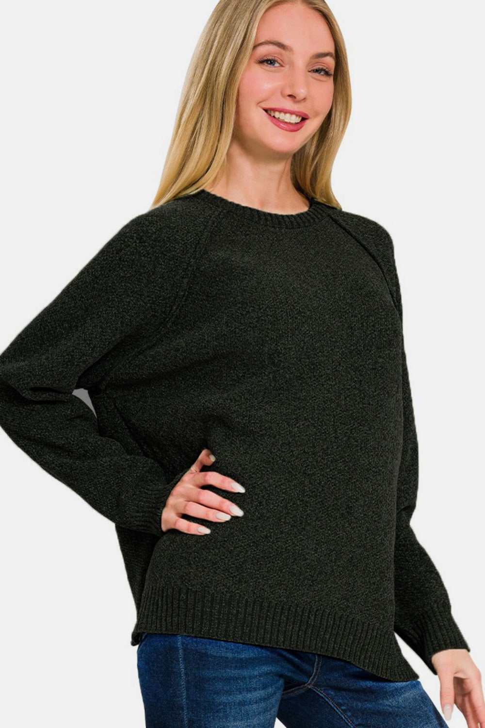 Side Slit Raglan Sleeve Sweater - Black