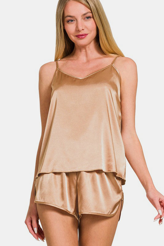 V-Neck Satin Cami and Elastic Waist Shorts Lounge Set