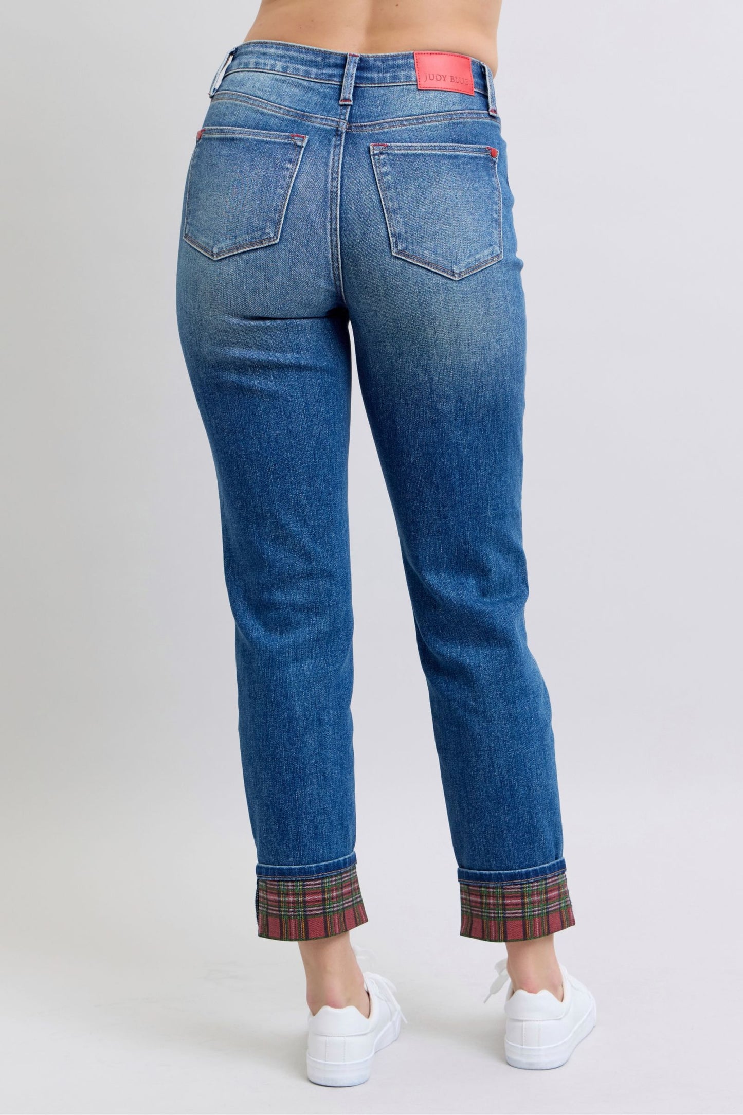 Judy Blue Mid Rise Plaid Print Cuff Straight Leg Jeans