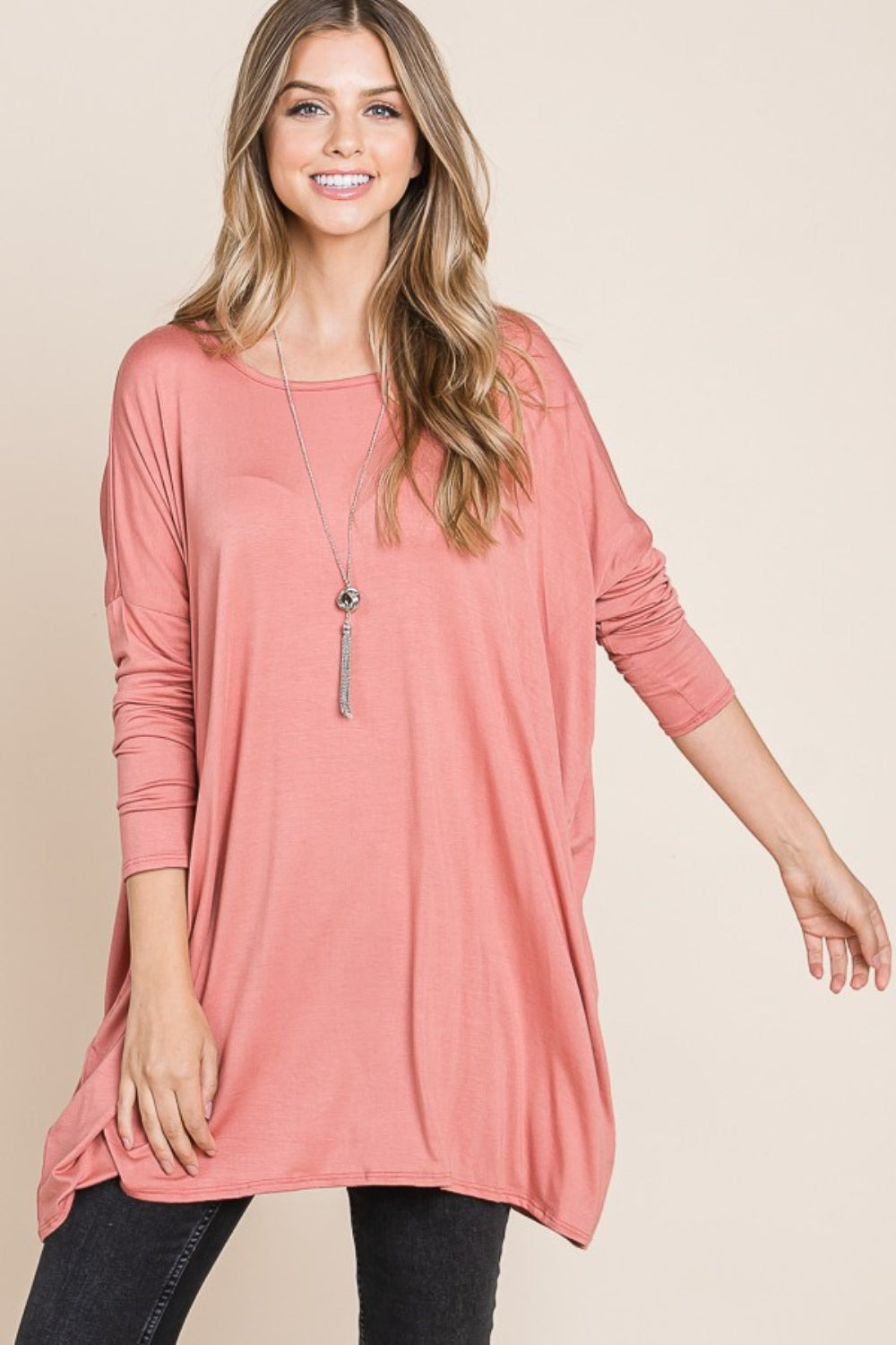 Round Neck Long Sleeve Tunic - Brick