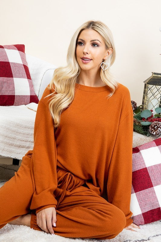 Fuzzy Hacci Brush Round Neck Top and Pants Lounge Set - Rust