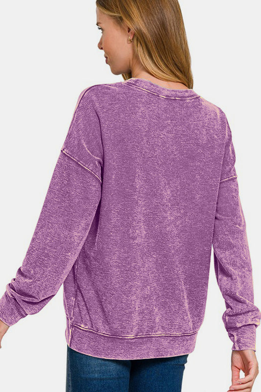 Washed Round Neck Dropped Shoulder Sweatshirt - Violet