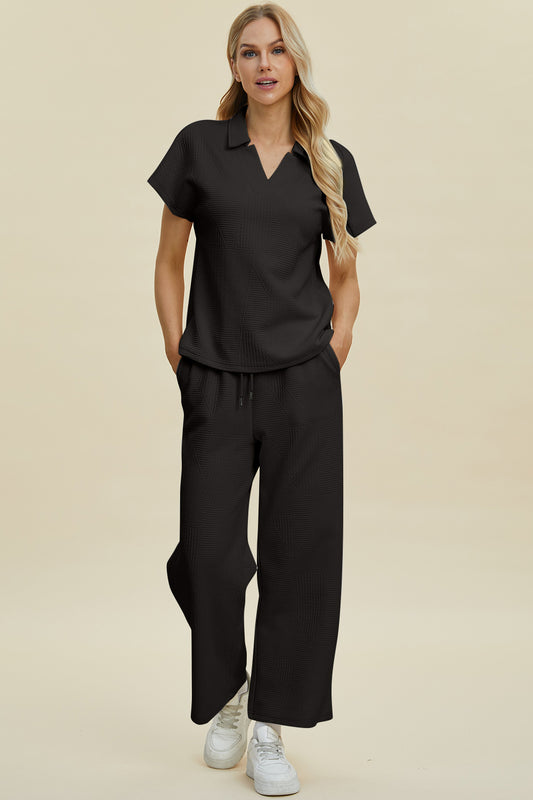 Collared Neck Short Sleeve Top and Pants Set - 2 Colors