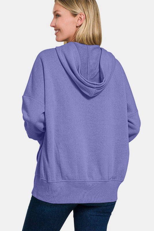 Half Snap Long Sleeve Hoodie with Kangaroo Pocket - Blue Purple