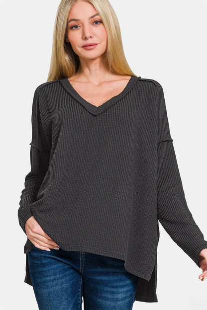 Texture Exposed Seam V-Neck Long Sleeve T-Shirt - Black