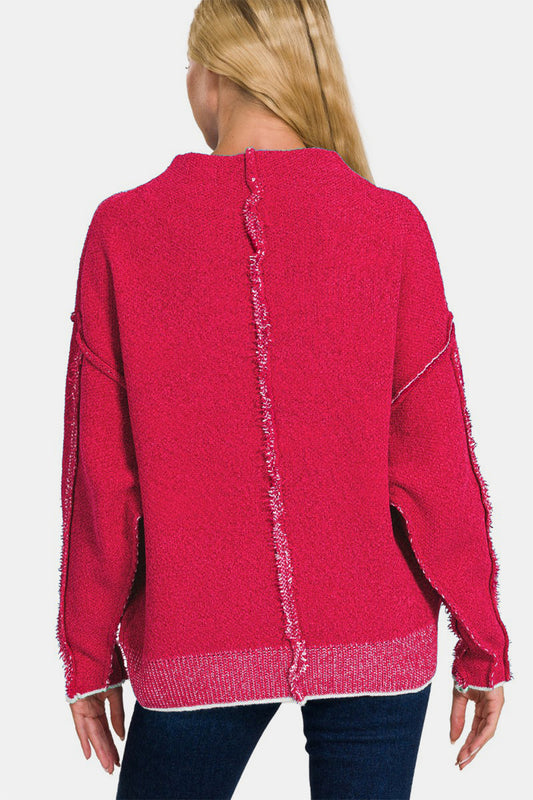 Exposed Seam Mock Neck Long Sleeve Sweater