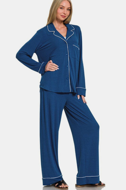 Button Down Long Sleeve Top and Pants Lounge Set - Blue