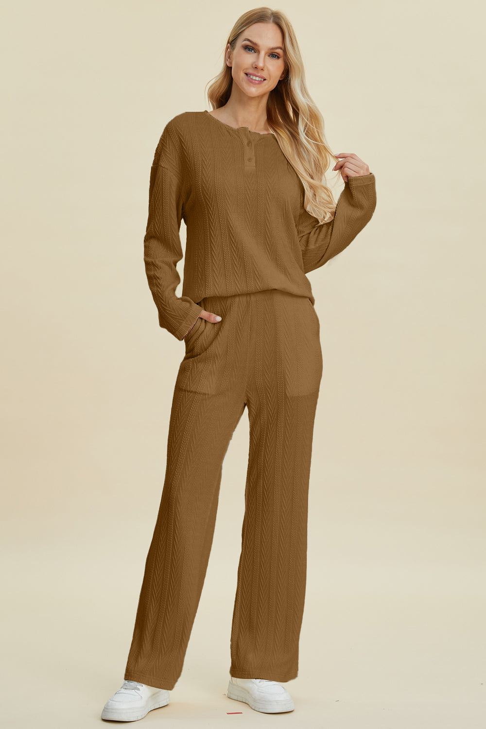 Cable-Knit Long Sleeve Top and Pants Set - 3 Colors