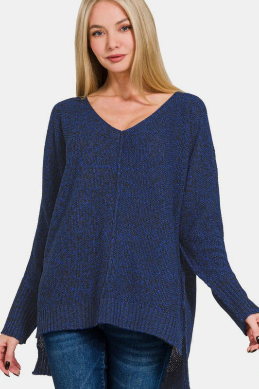 High-Low Center Seam V-Neck Sweater - Navy