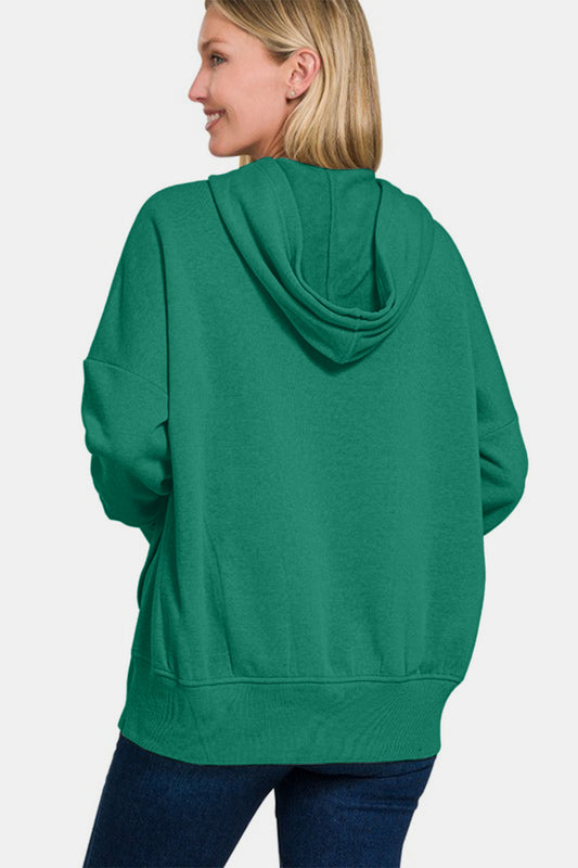 Half Snap Long Sleeve Hoodie with Kangaroo Pocket - Green