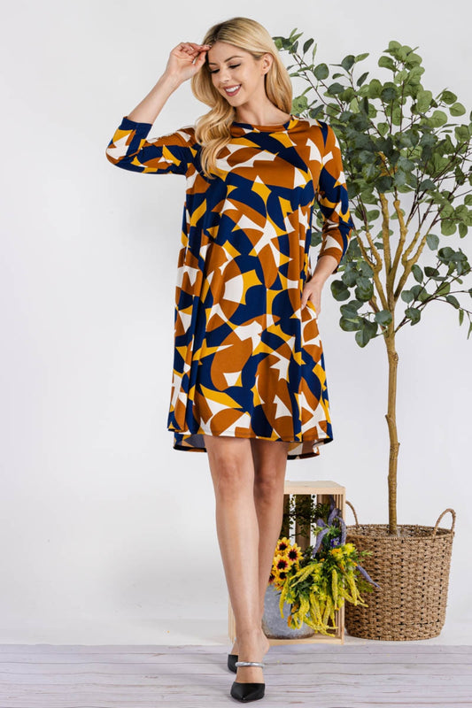 Geometric Round Neck Dress with Pockets - Navy