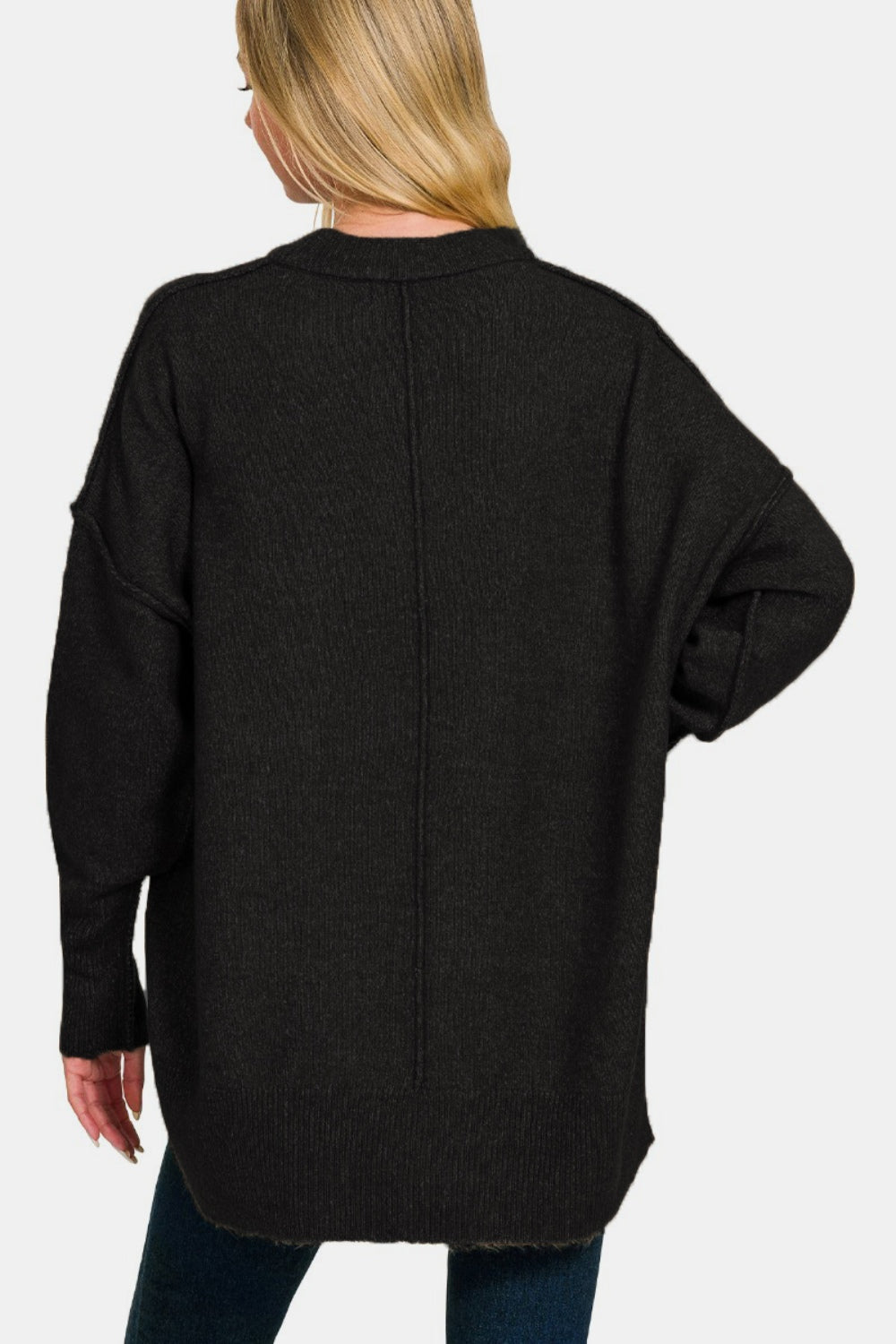 High-Low Hem Drop Shoulder Sweater - Black