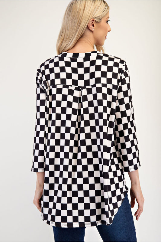 Curved Hem Checkered Notched Blouse