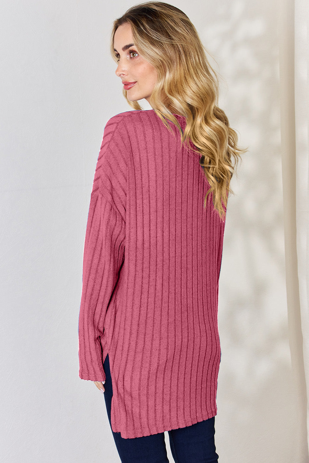 Ribbed Half Button Long Sleeve High-Low T-Shirt - 5 Colors