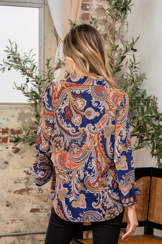 Wrinkle Free Paisley Print Long Sleeve Top