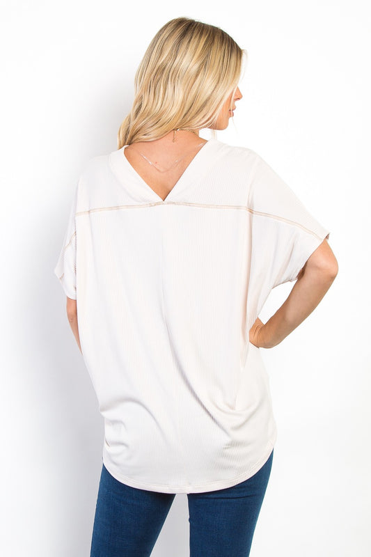 V-Neck Short Sleeve Ribbed Top