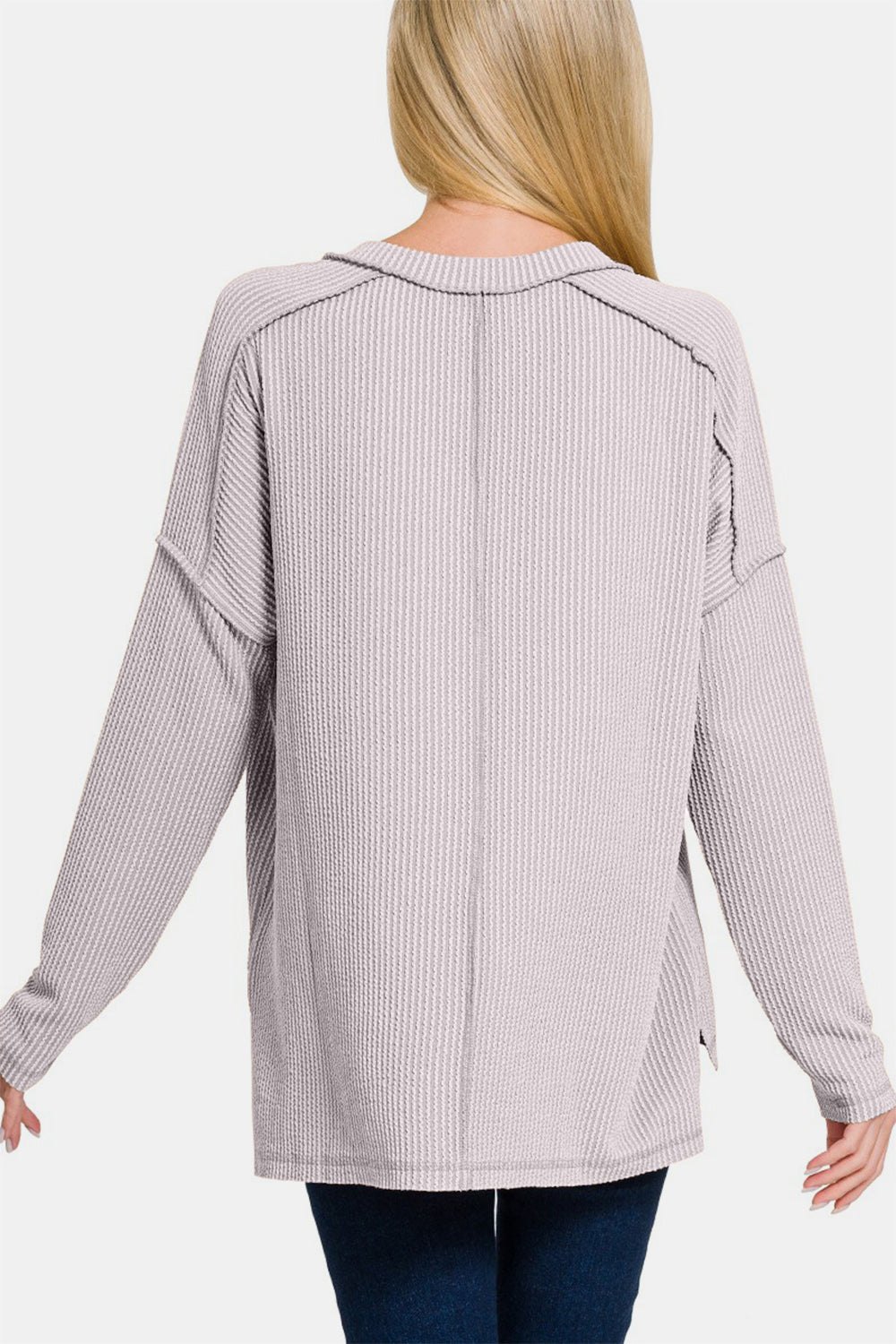 Texture Exposed Seam V-Neck Long Sleeve T-Shirt - Gray