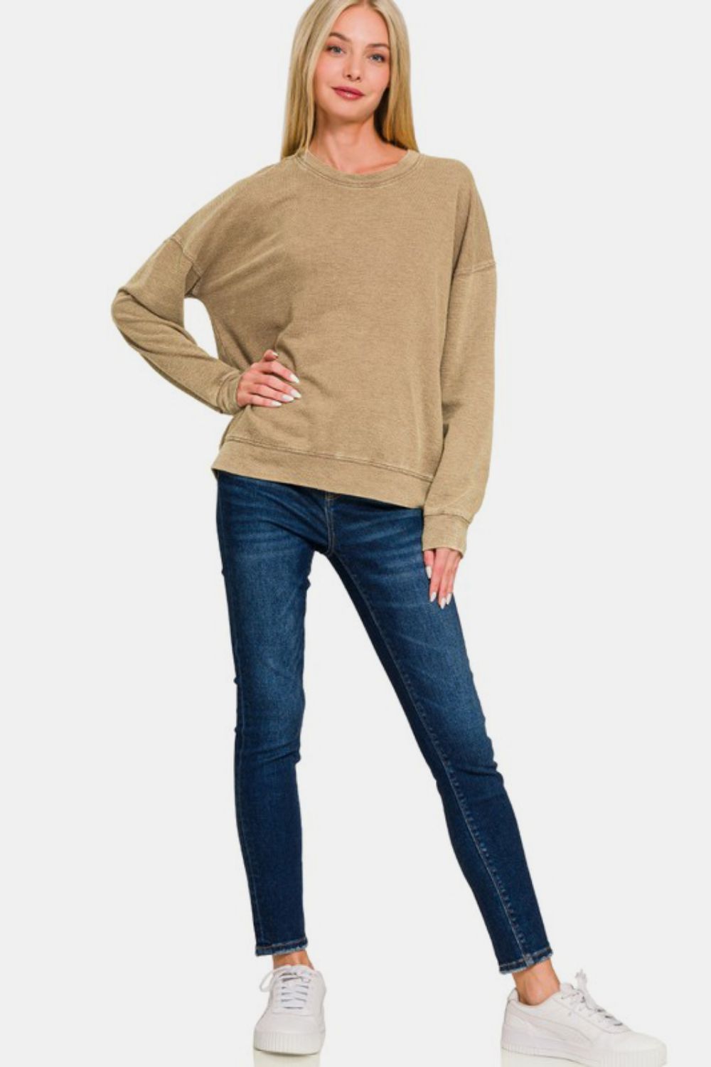 Washed Round Neck Dropped Shoulder Sweatshirt - Camel