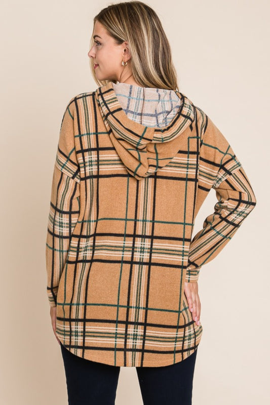 Drawstring Plaid Long Sleeve Hoodie - Taupe