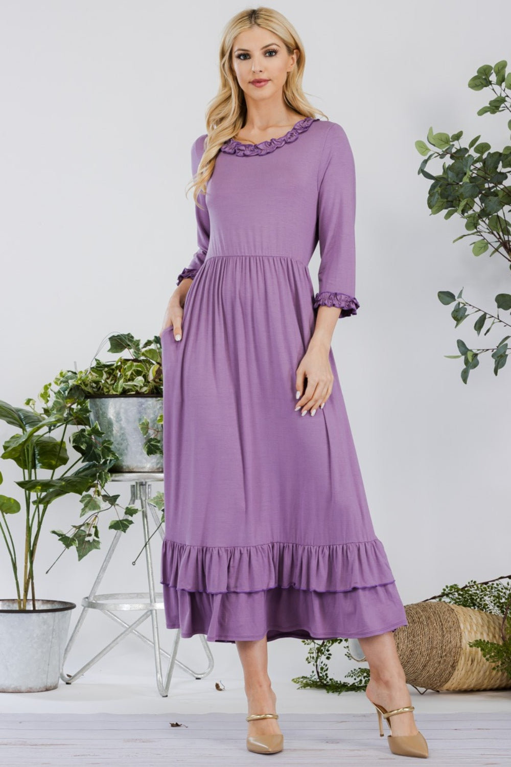 Layered Ruffle Hem Dress with Pockets - Lilac