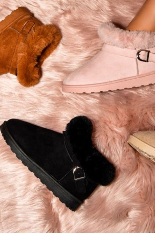 Faux-Fur Buckle Round Toe Booties