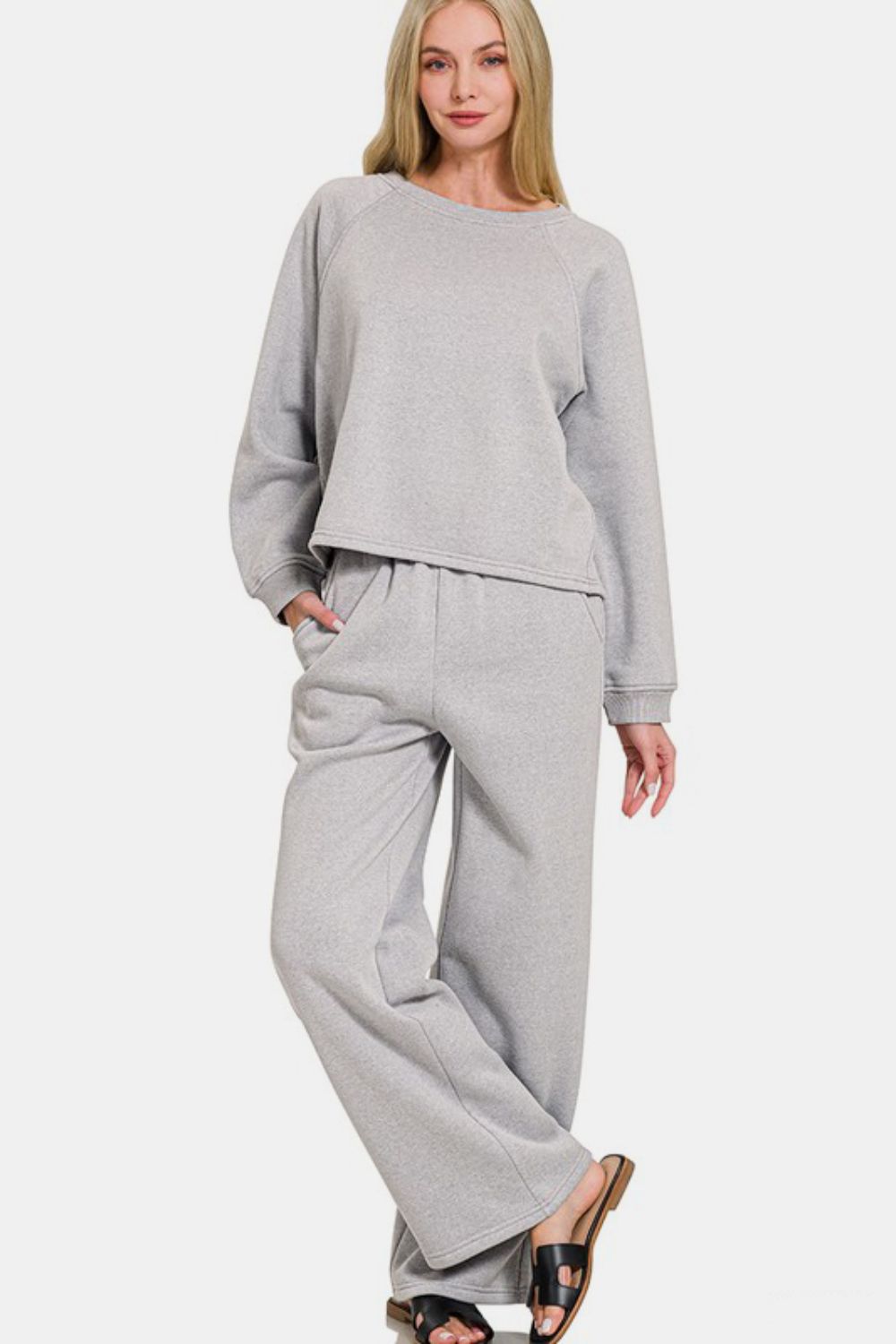 Round Neck Raglan Sleeve Top and Elastic Waist Pants Set - Gray