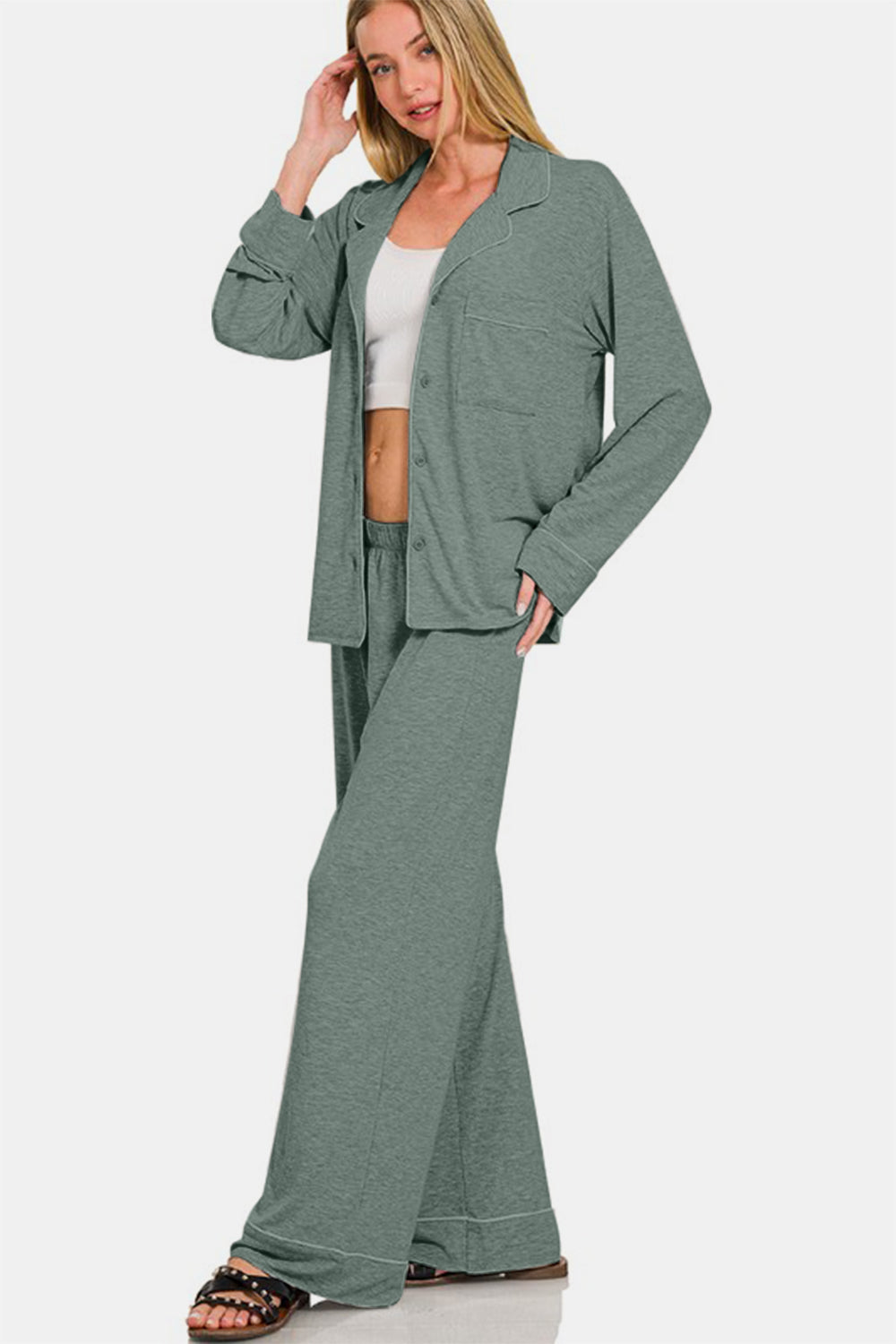 Button Down Long Sleeve Top and Pants Lounge Set - Sage