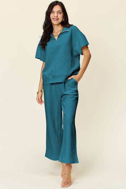 Texture Half Zip Short Sleeve Top and Pants Set - 6 Colors