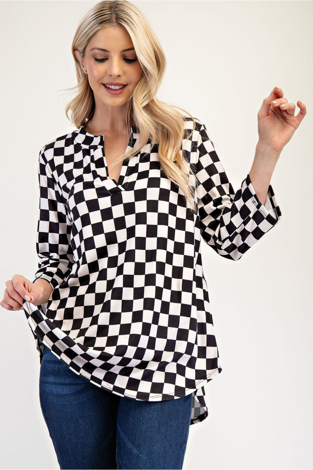 Curved Hem Checkered Notched Blouse