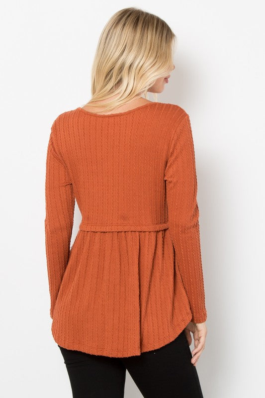 Texture Babydoll Round Neck Long Sleeve Knit Top - Rust