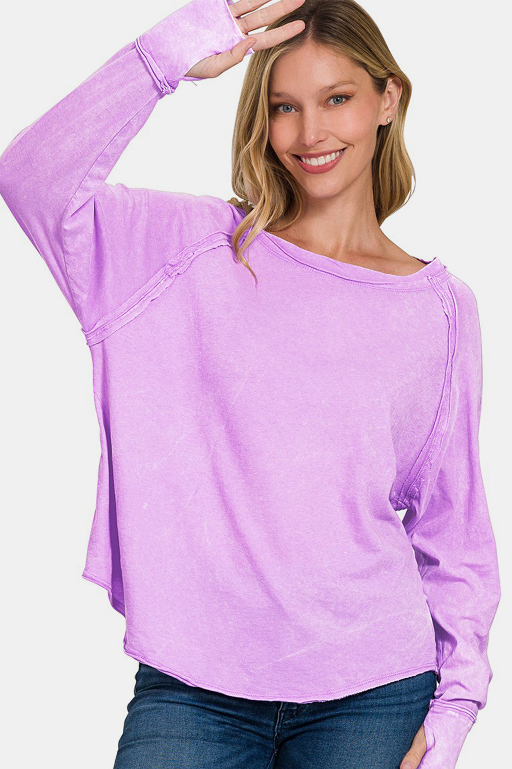 Round Neck Thumbhole Long Sleeve T-Shirt - Lavender