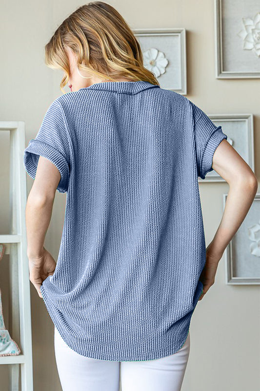 Front Pocket Short Sleeve Ribbed Top