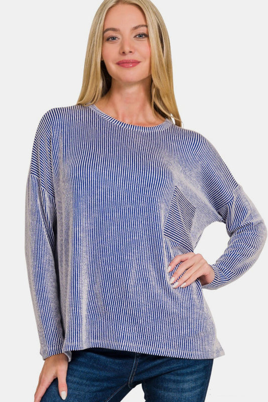 Ribbed Striped Long Sleeve T-Shirt - Blue