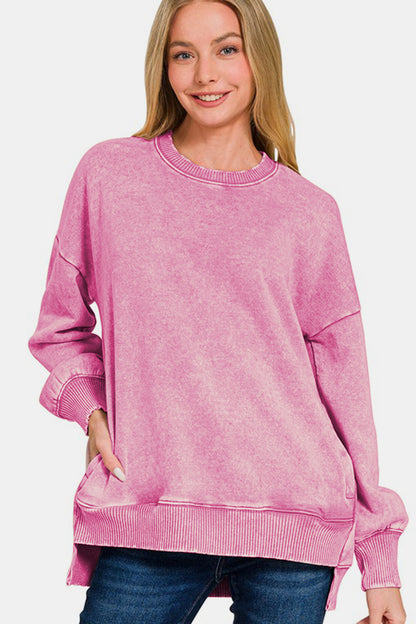 High-Low Acid Wash Fleece Sweatshirt - Dusty Pink