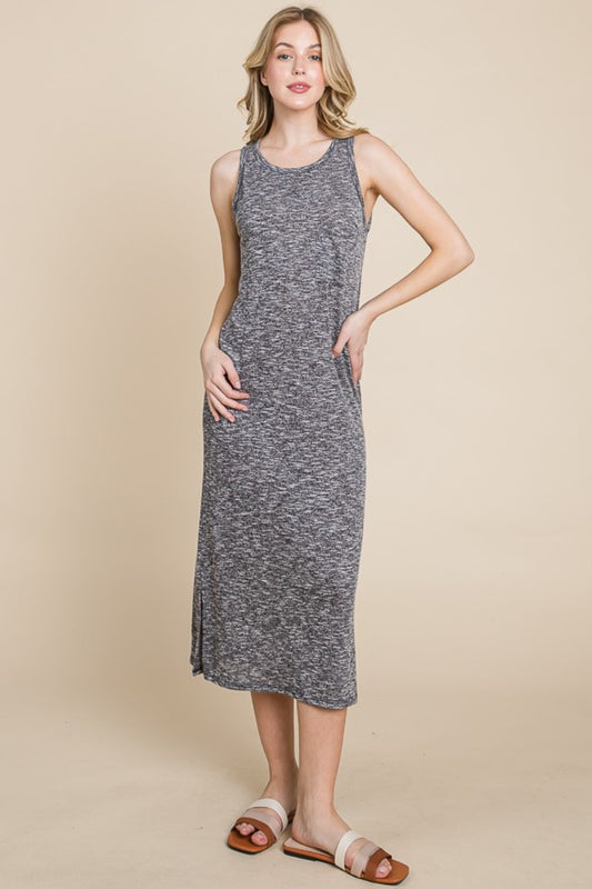 Round Neck Sleeveless Midi Dress with Slit - Grey