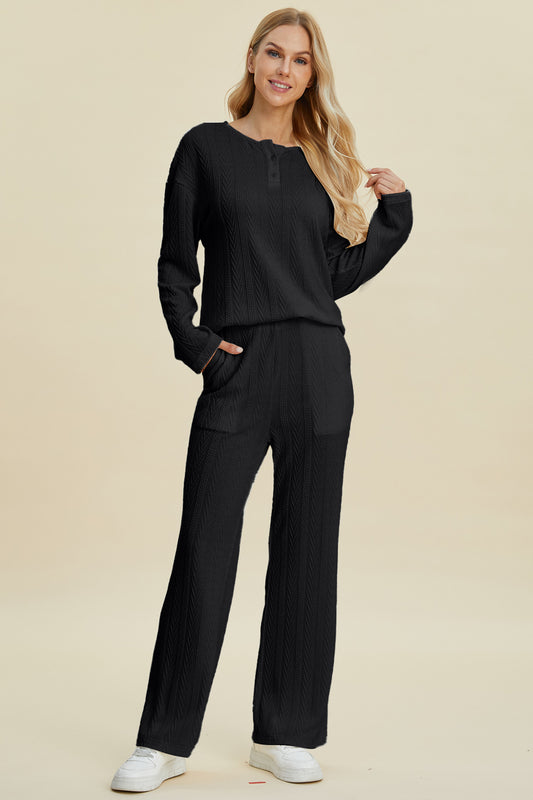 Cable-Knit Long Sleeve Top and Pants Set - 3 Colors