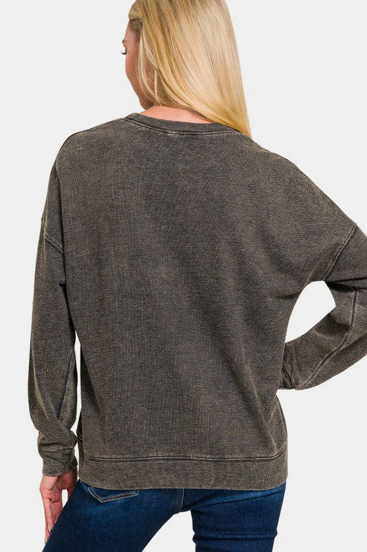 Washed Round Neck Dropped Shoulder Sweatshirt - Black