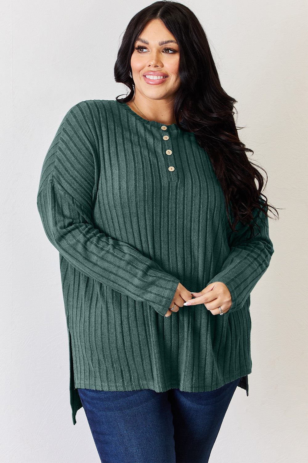 Ribbed Half Button Long Sleeve High-Low T-Shirt - 5 Colors