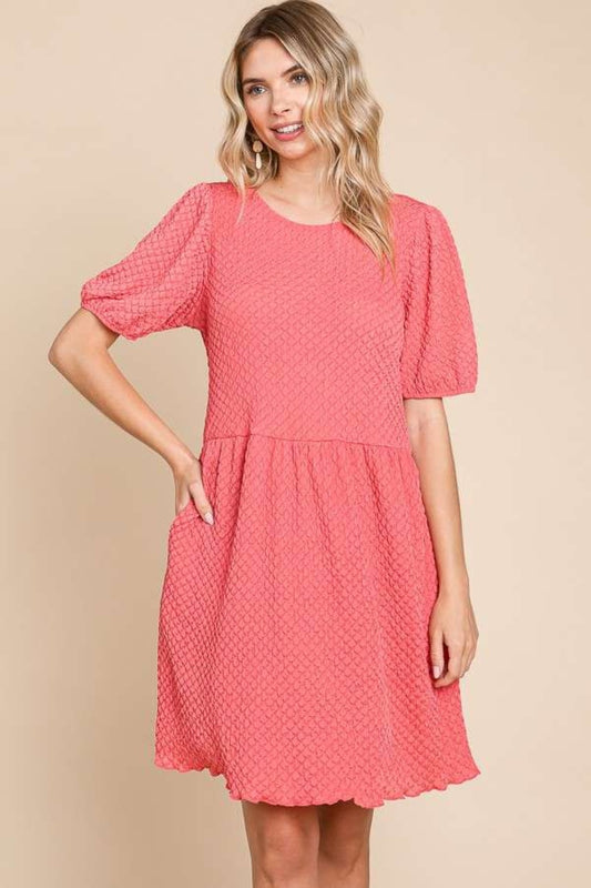 Textured Round Neck Puff Sleeve Dress - Coral Pink