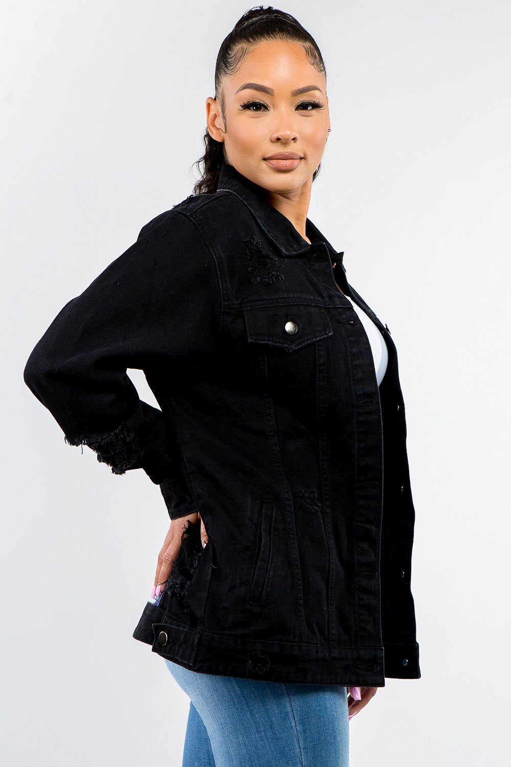 Button Up Distressed Denim Jacket - Black